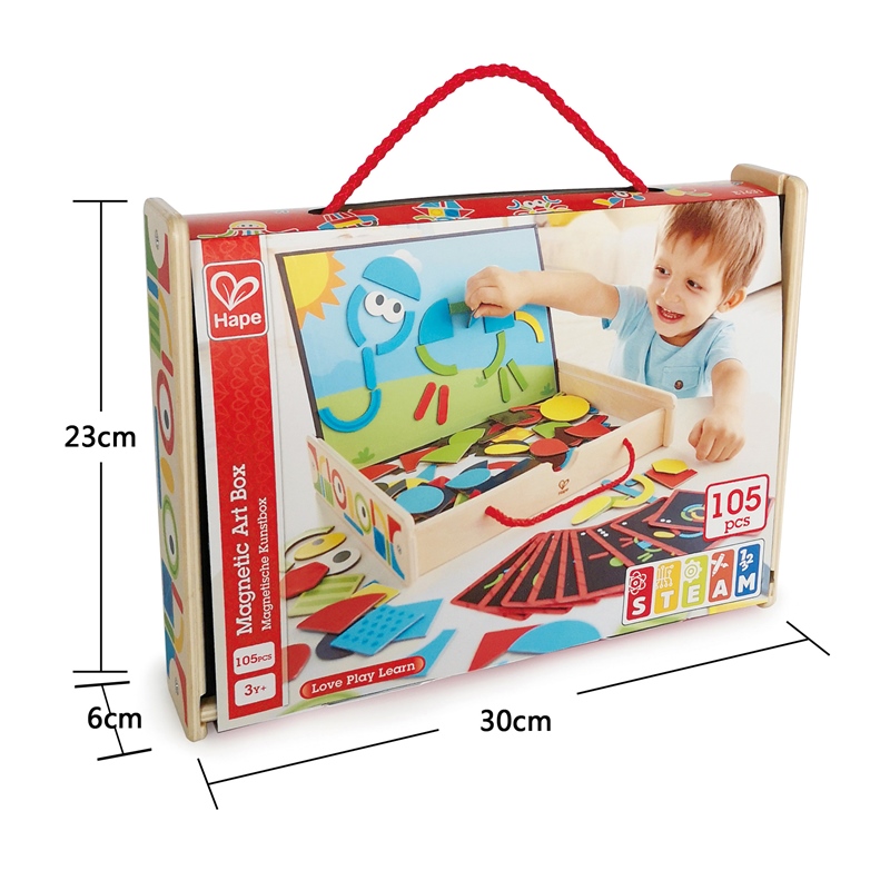 Kotak seni magnetik HAPE | 91-piece magnet magnet mainan playset dengan kotak kayu untuk anak-anak