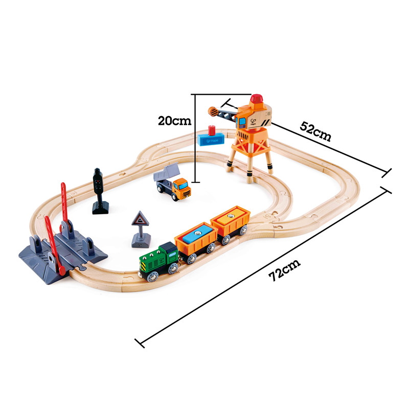 HAPE Crossing & Crane Set | 32-Piece Wooden Railway Cargo Playsset for Kids