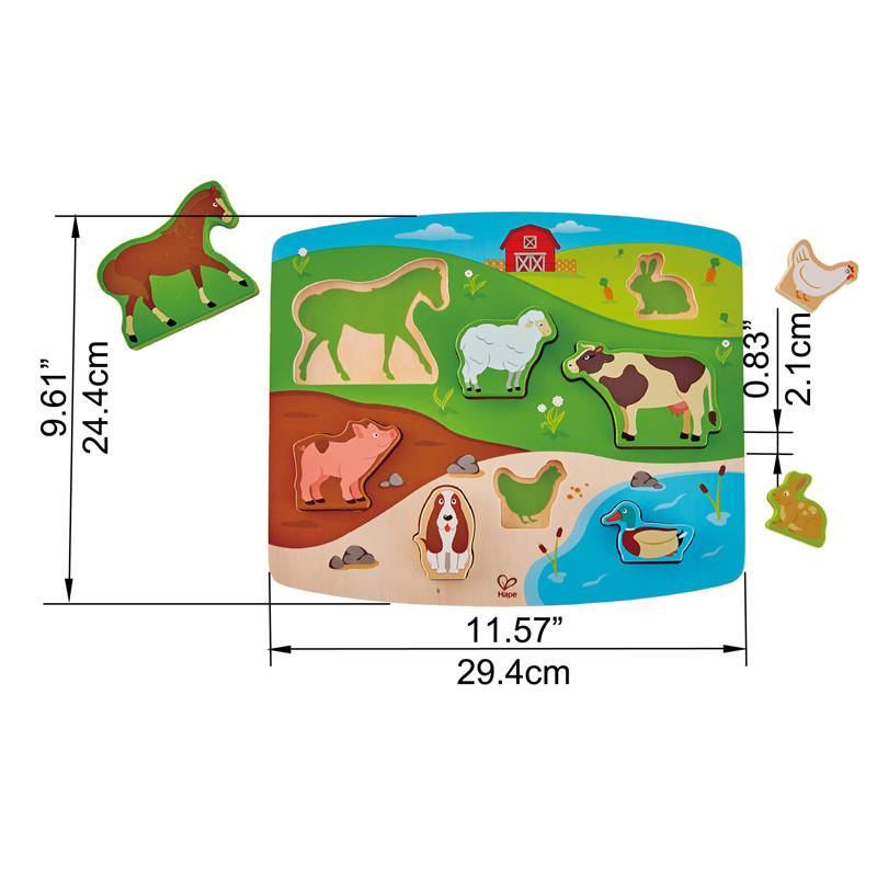 Teka-teki Hewan Pertanian HAPE | Multi-warna Farmyard Kayu Jigsaw Puzzle Mainan Dengan Kuda, Domba, Sapi, Kelinci, Babi, Ayam dan Bebek