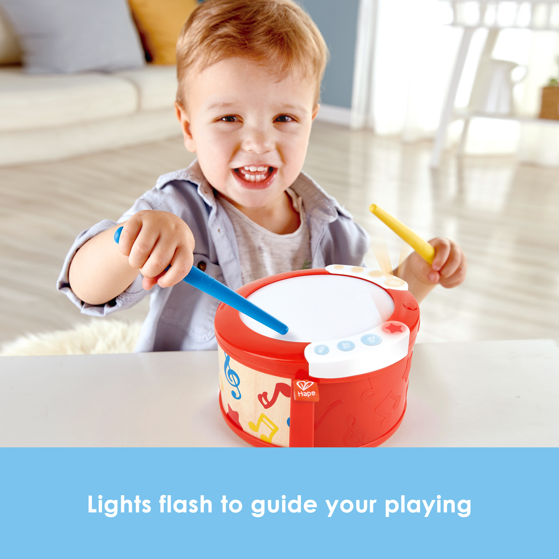 Hape belajar dengan lampu drum | Instrumen perkusi mainan dengan drum, lampu, dan permainan dipandu, 12 bulan - 5 tahun