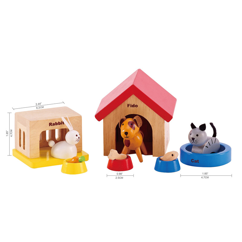 Keluarga Hewan Peliharaan Hewan Dollhouse Kayu Set Oleh Hape | Lengkapi Rumah Boneka Kayu Anda dengan Happy Dog, Cat, Bunny Pet Set dengan rumah-rumah gratis dan mangkuk makanan