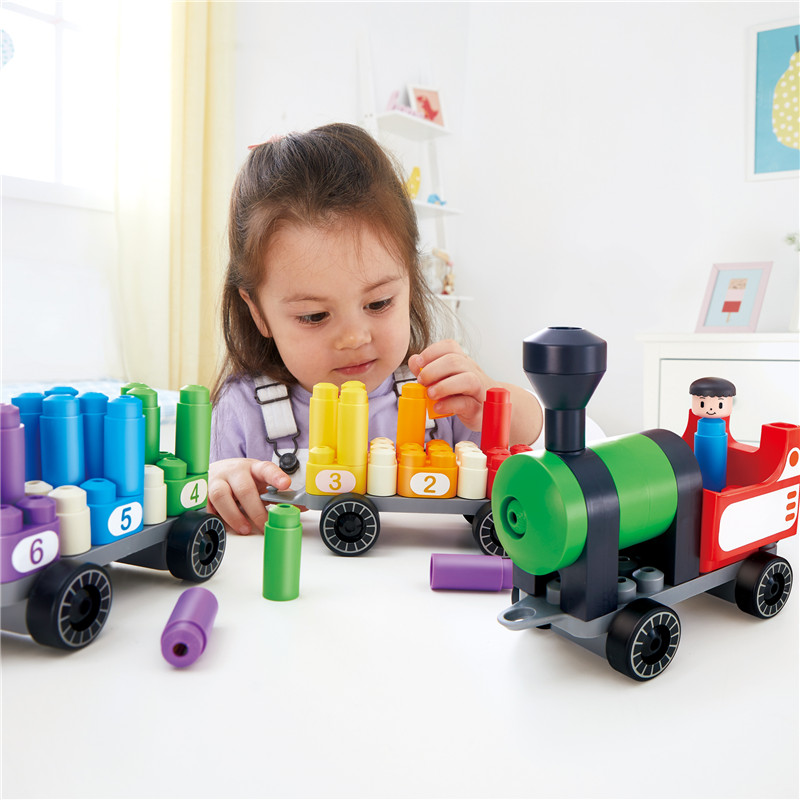 Kereta Hitung Hape PolyM Rainbow | 63 Piece Building Brick Train Toy Set dengan Figurines & Accessories
